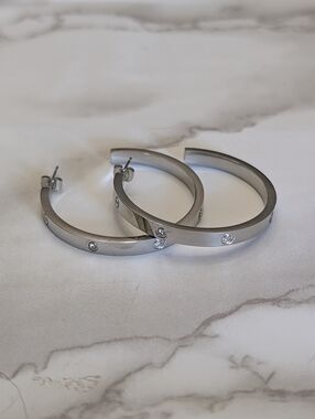 18K White Gold Plated Finish Love  Hoop Earrings
